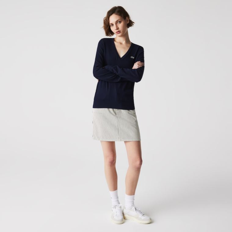 Lacoste Relaxed V-Neck Organic Pamut Pulóver Sötétkék Kék | 2XV1SONt