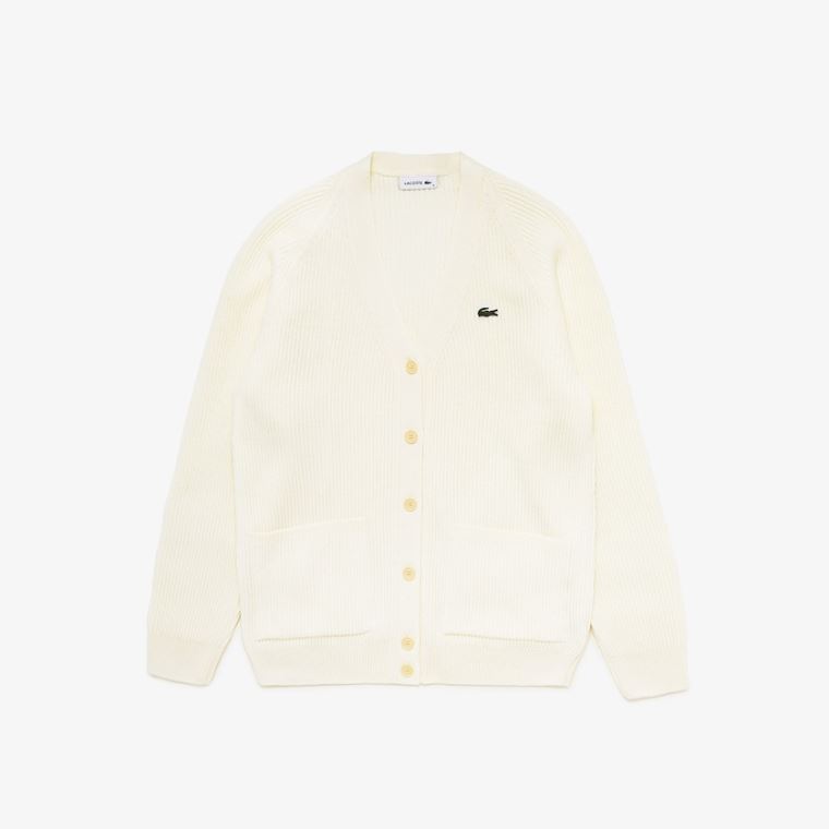 Lacoste Ribbed Wool Blend V-neck Cardigan Fehér | 8LAxRU7Y