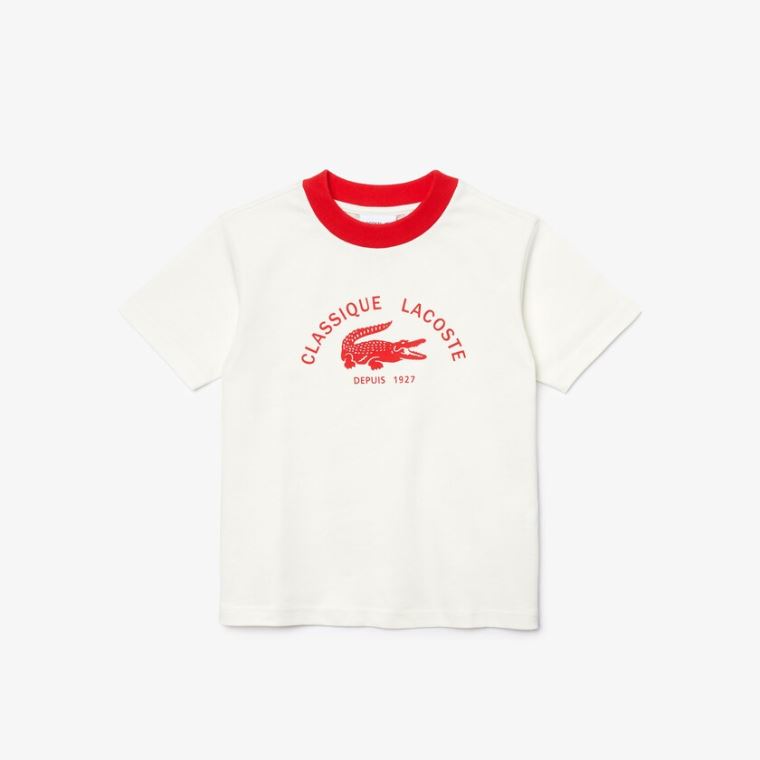 Lacoste Ringer Crewneck Könnyű Printed Pamut T-shirt Fehér Piros | h7UHyDdd