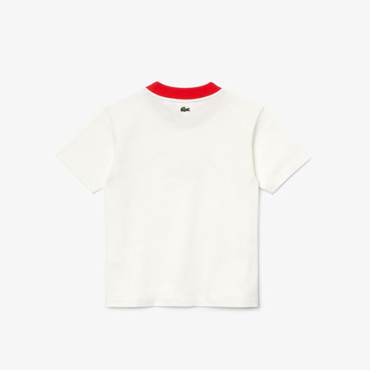 Lacoste Ringer Crewneck Könnyű Printed Pamut T-shirt Fehér Piros | h7UHyDdd