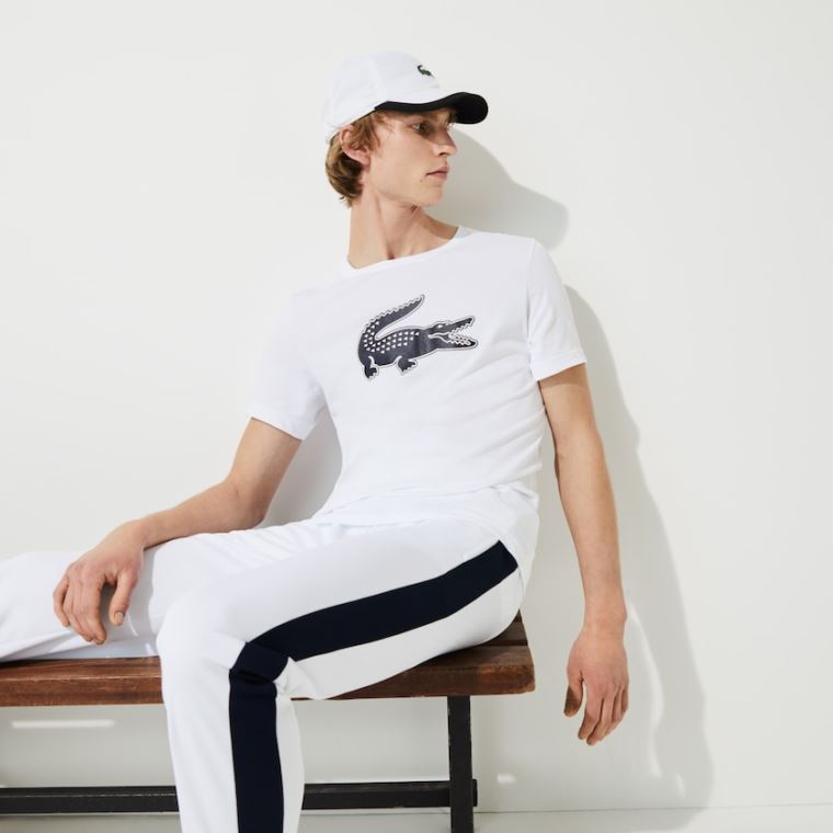 Lacoste SPORT 3D Print Crocodile Légáteresztő Jersey T-shirt Fehér Sötétkék Kék | gglmIZ6v