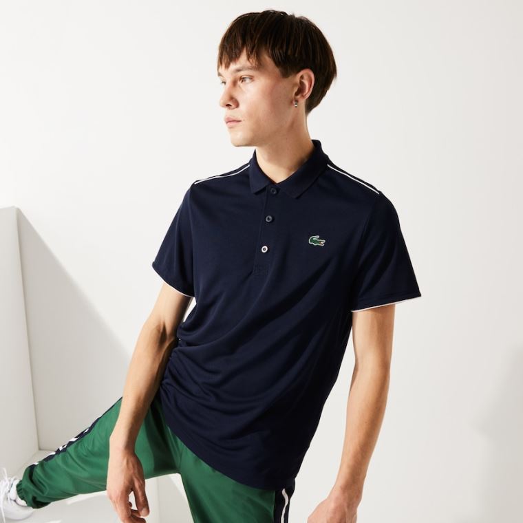 Lacoste SPORT Contrast Piping Légáteresztő Piqué Polo Shirt Sötétkék Kék Fehér | 92CophKU