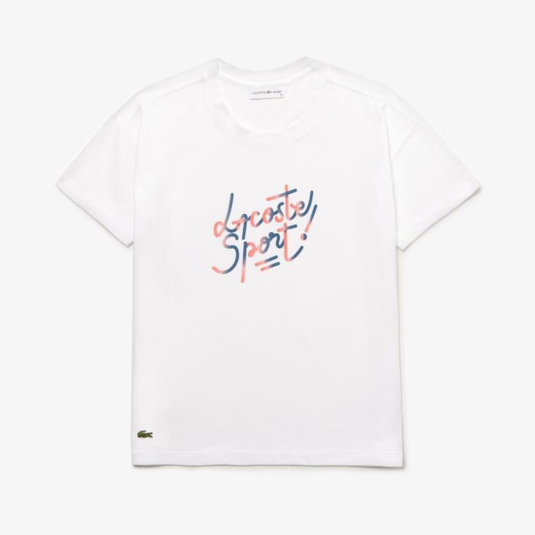 Lacoste SPORT Crew Neck Shaded Design Tenisz T-shirt Fehér Piros Rózsaszín Kék | M56MOJjm