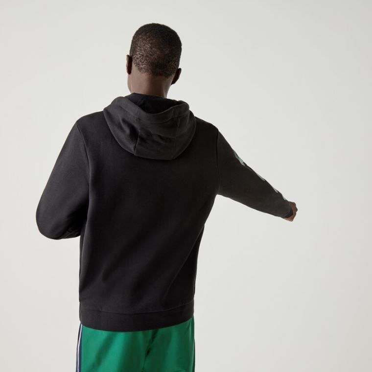 Lacoste SPORT Crocodile Print Csuklyás Pamut Sweatshirt Fekete | cWtuLIYX