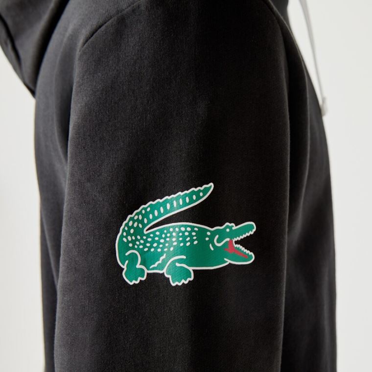 Lacoste SPORT Crocodile Print Csuklyás Pamut Sweatshirt Fekete | cWtuLIYX