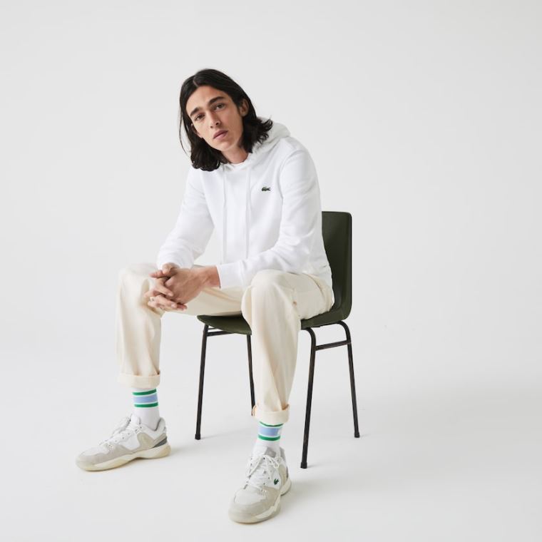 Lacoste SPORT Csuklyás Fleece Sweatshirt Fehér | JZVqOBmf