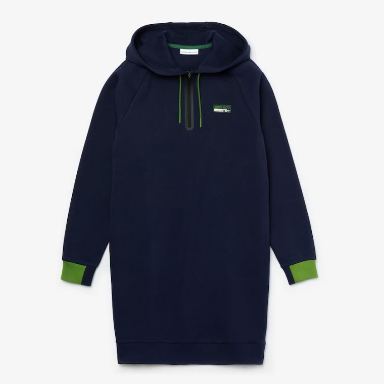 Lacoste SPORT Csuklyás Pamut Blend Sweatshirt Ruha Sötétkék Kék Zöld Fekete | dKZObm2N