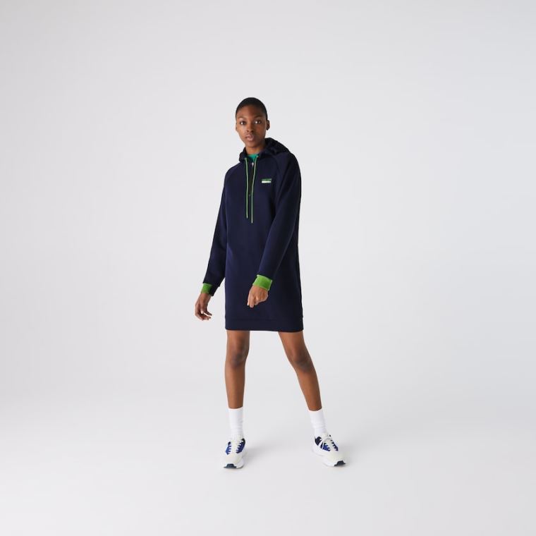 Lacoste SPORT Csuklyás Pamut Blend Sweatshirt Ruha Sötétkék Kék Zöld Fekete | dKZObm2N