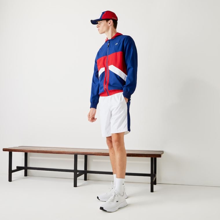 Lacoste SPORT Csuklyás Vizi-Resistant Colorblock Jacket Kék Piros Fehér | yuc1Ykfn