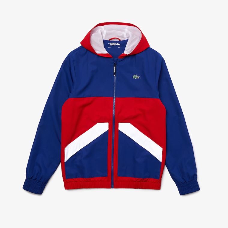 Lacoste SPORT Csuklyás Vizi-Resistant Colorblock Jacket Kék Piros Fehér | yuc1Ykfn