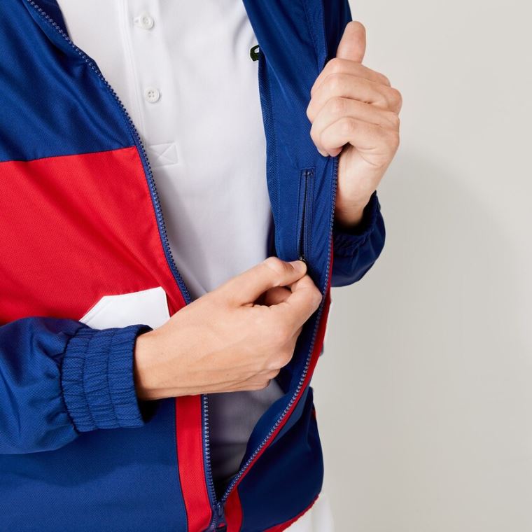 Lacoste SPORT Csuklyás Vizi-Resistant Colorblock Jacket Kék Piros Fehér | yuc1Ykfn