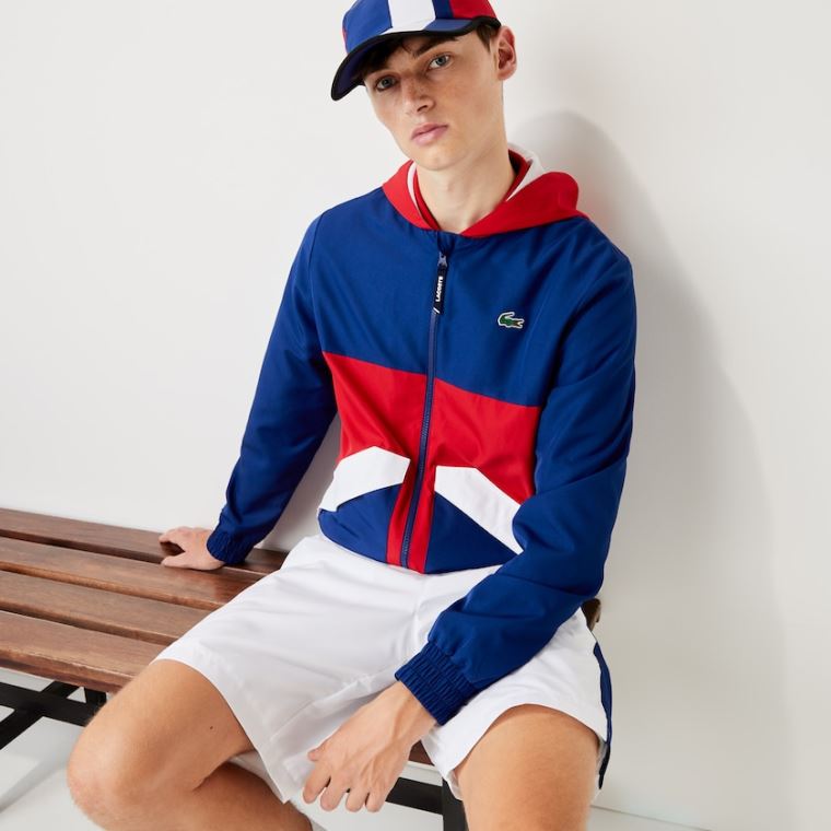 Lacoste SPORT Csuklyás Vizi-Resistant Colorblock Jacket Kék Piros Fehér | yuc1Ykfn