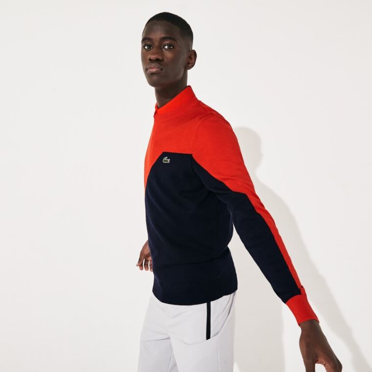 Lacoste SPORT Légáteresztő Knit Crew Neck Golf Pulóver Piros Sötétkék Kék | WuQz2RYS