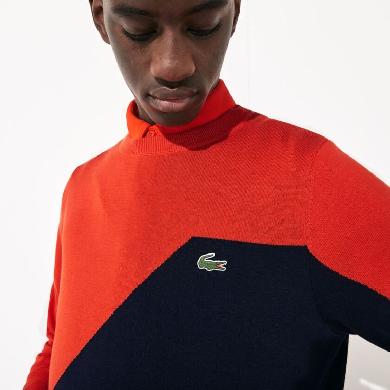 Lacoste SPORT Légáteresztő Knit Crew Neck Golf Pulóver Piros Sötétkék Kék | WuQz2RYS