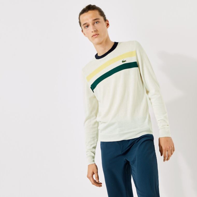 Lacoste SPORT Légáteresztő Striped Wool Golf Pulóver Fehér Sárga Zöld Sötétkék Kék | 9T4DCE4z