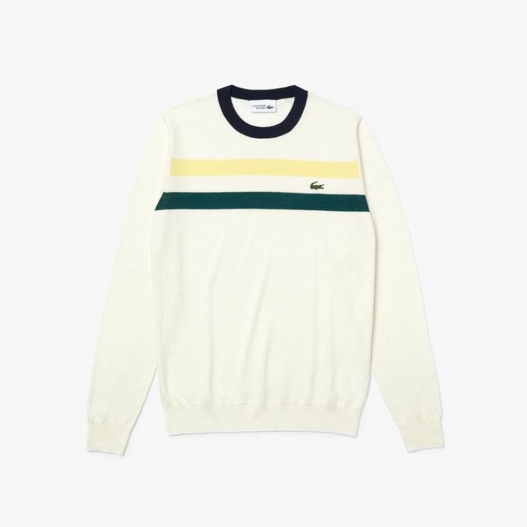 Lacoste SPORT Légáteresztő Striped Wool Golf Pulóver Fehér Sárga Zöld Sötétkék Kék | 9T4DCE4z