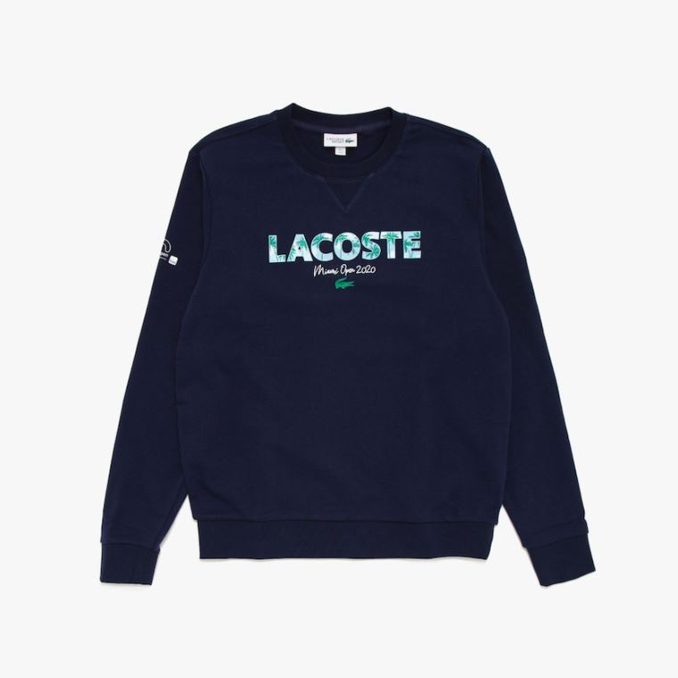 Lacoste SPORT Miami Open Print Fleece Sweatshirt Sötétkék Kék Fehér | RZGURnsW