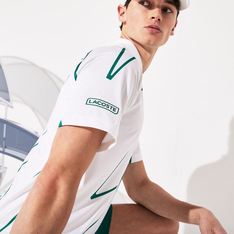 Lacoste SPORT Novak Djokovic Printed Légáteresztő Polo Shirt Fehér Zöld | 2J0heIDR