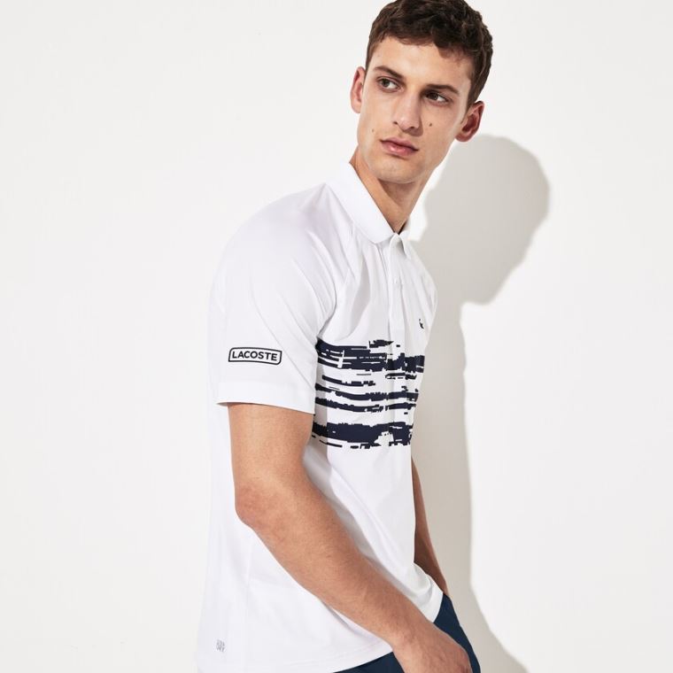 Lacoste SPORT Novak Djokovic Stretch Print Jersey Polo Fehér Sötétkék Kék | hqvjJWlM