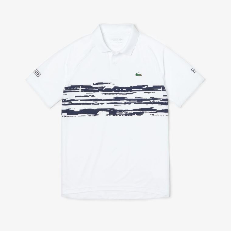 Lacoste SPORT Novak Djokovic Stretch Print Jersey Polo Fehér Sötétkék Kék | hqvjJWlM