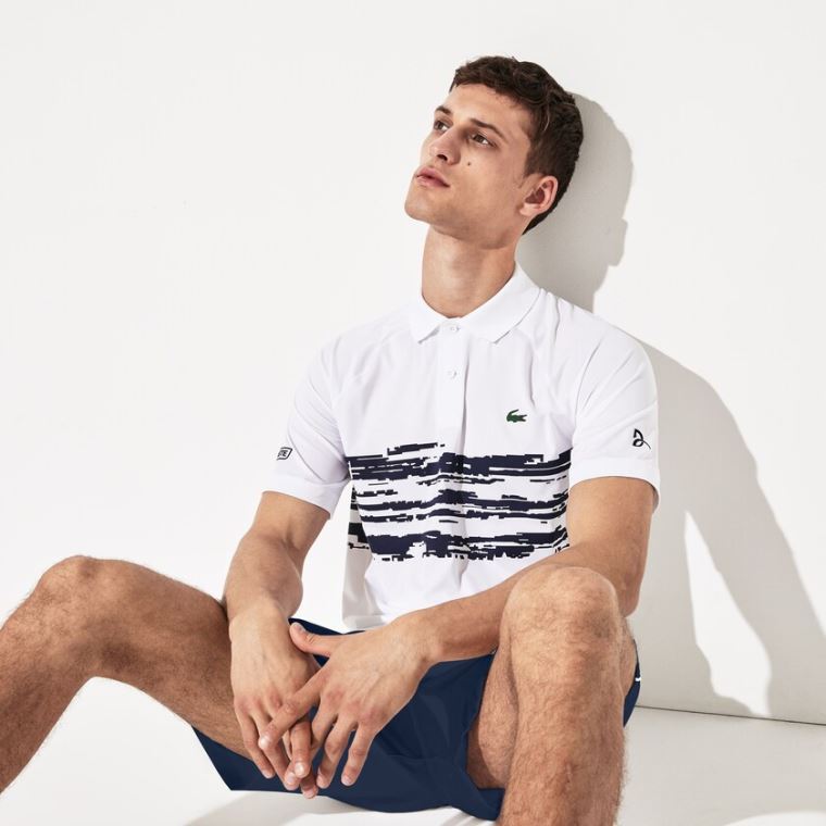 Lacoste SPORT Novak Djokovic Stretch Print Jersey Polo Fehér Sötétkék Kék | hqvjJWlM