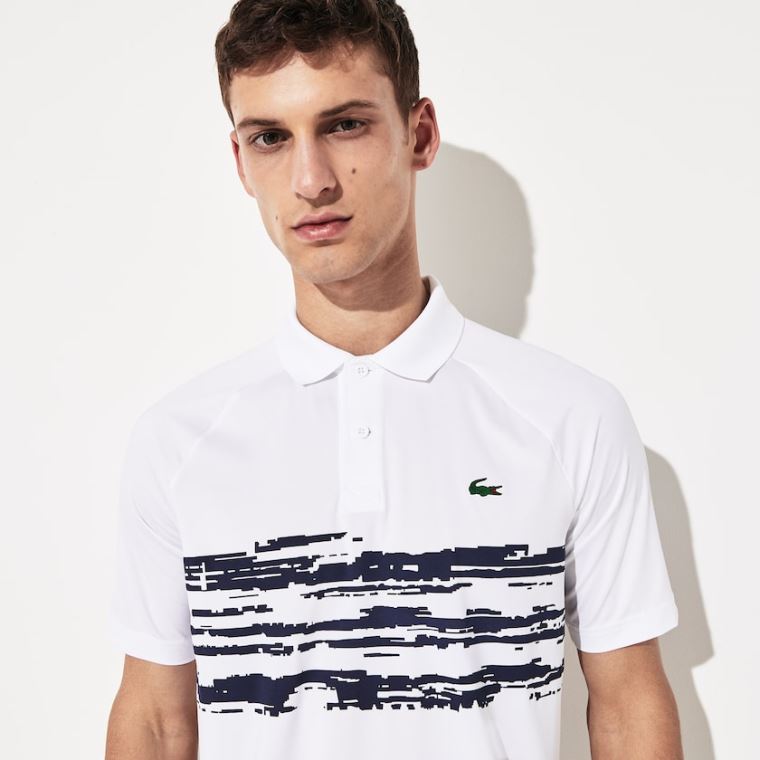 Lacoste SPORT Novak Djokovic Stretch Print Jersey Polo Fehér Sötétkék Kék | hqvjJWlM