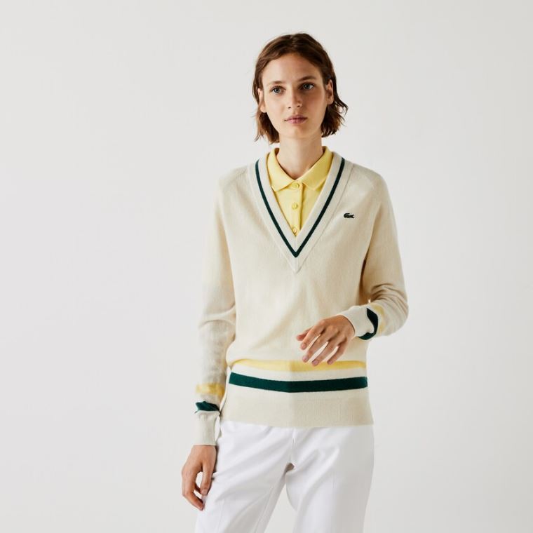 Lacoste SPORT Recycled Cashmere V-neck Golf Pulóver Fehér Sárga Zöld | LrnR1zFI