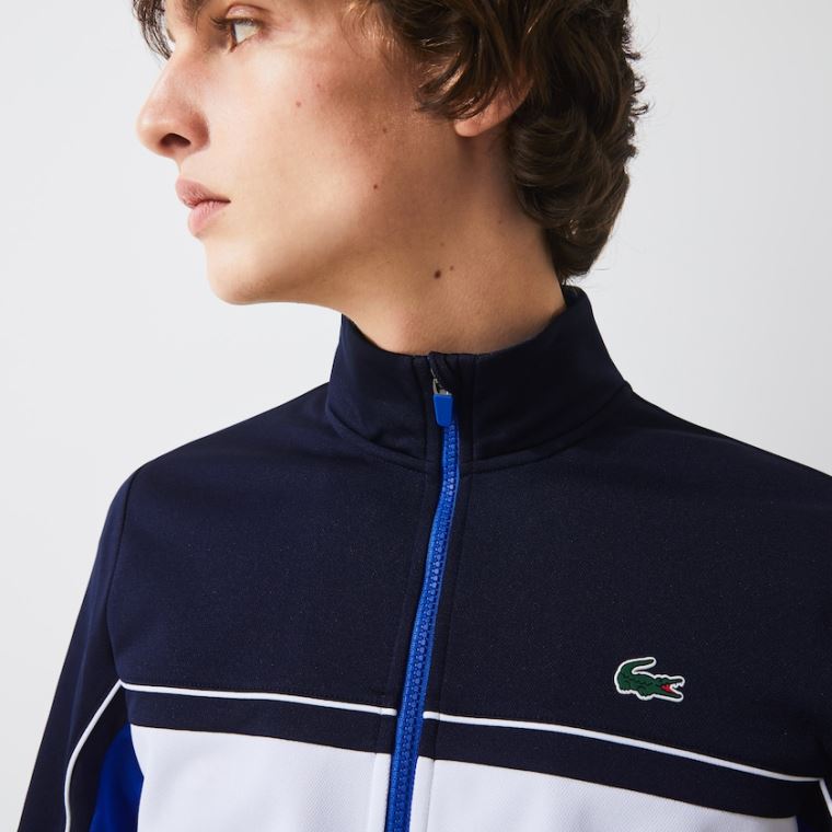 Lacoste SPORT Resistant Colourblock Piqué Zip Sweatshirt Sötétkék Kék Kék Fehér Kék | NXNGgxEB