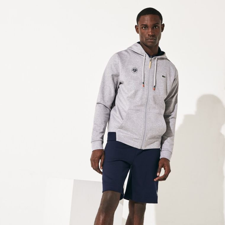 Lacoste SPORT Roland Garros Csuklyás Zip-Up Sweatshirt Szürke Sötétkék Kék Fehér | vA8Jr0An