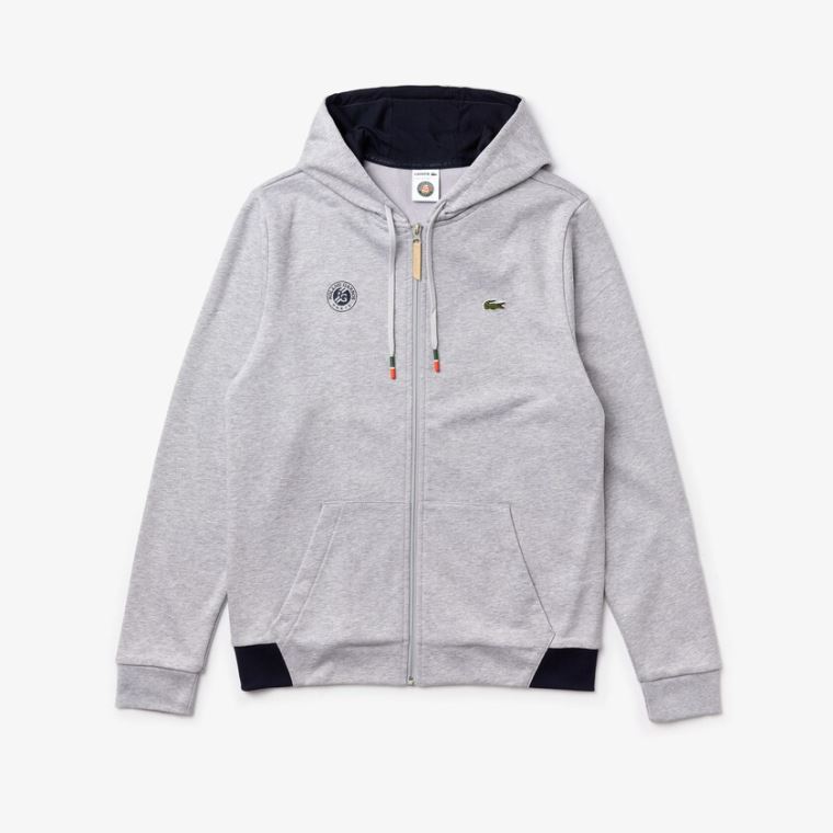 Lacoste SPORT Roland Garros Csuklyás Zip-Up Sweatshirt Szürke Sötétkék Kék Fehér | vA8Jr0An