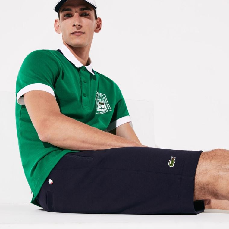 Lacoste SPORT Roland Garros Pamut Fleece Shorts Sötétkék Kék Zöld Fehér | Lrtan7cW