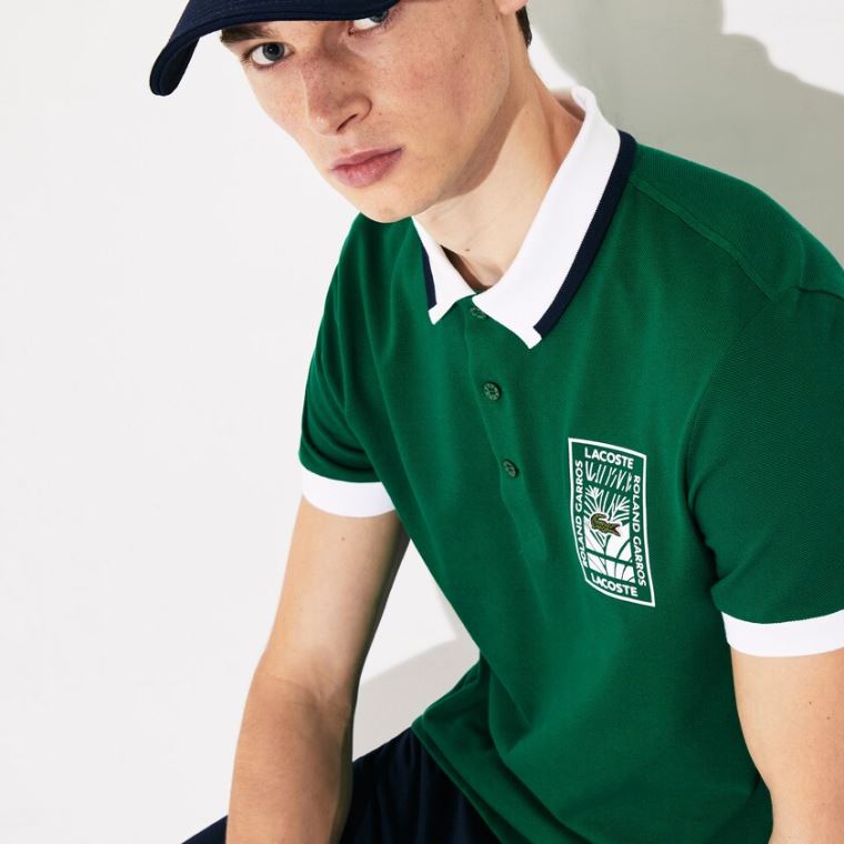 Lacoste SPORT Roland Garros Plant-Print Pamut Polo Shirt Zöld Fehér Sötétkék Kék | 3O7CfGUZ