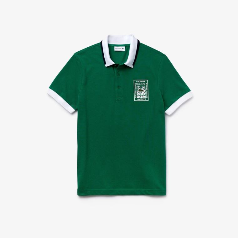 Lacoste SPORT Roland Garros Plant-Print Pamut Polo Shirt Zöld Fehér Sötétkék Kék | 3O7CfGUZ