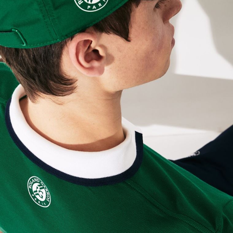 Lacoste SPORT Roland Garros Plant-Print Pamut Polo Shirt Zöld Fehér Sötétkék Kék | 3O7CfGUZ