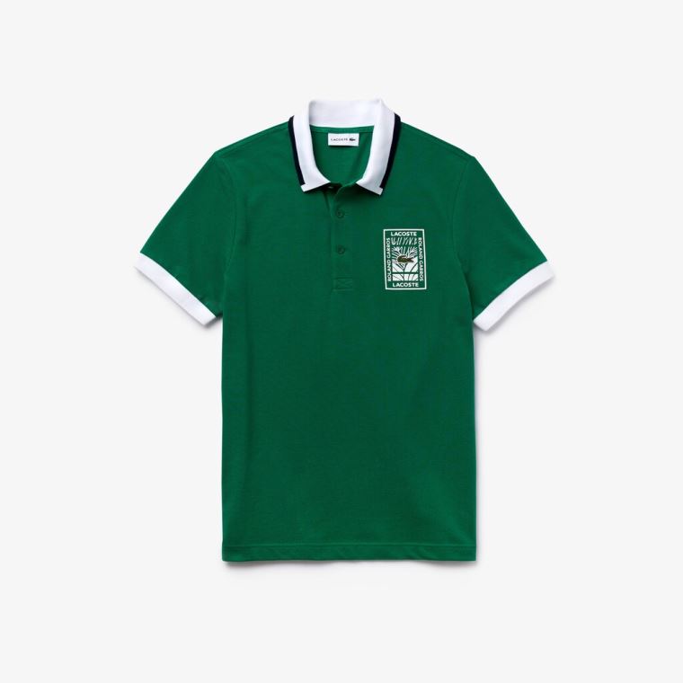 Lacoste SPORT Roland Garros Plant-Print Pamut Polo Shirt Zöld Fehér Sötétkék Kék | NoQyDuV6