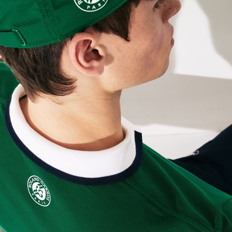 Lacoste SPORT Roland Garros Plant-Print Pamut Polo Shirt Zöld Fehér Sötétkék Kék | NoQyDuV6