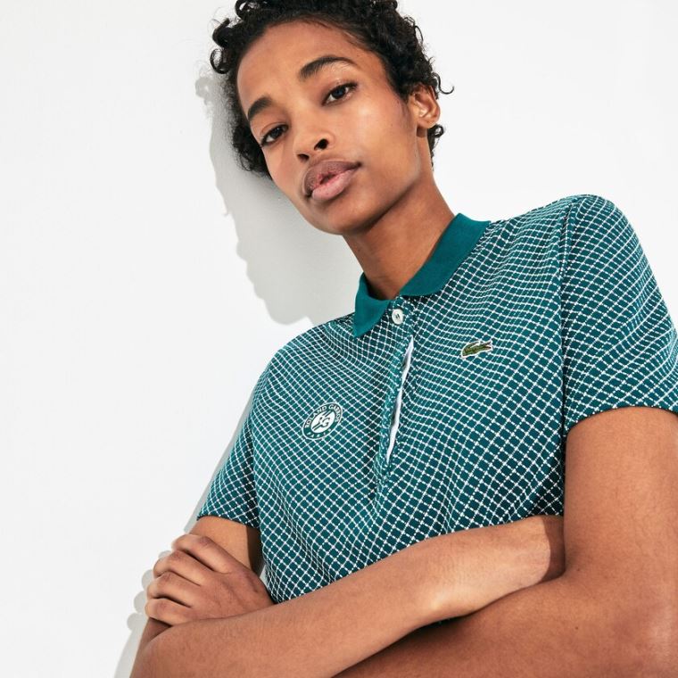 Lacoste SPORT Roland Garros Printed Pamut Polo Shirt Zöld Fehér Piros | Xm1eDdRn