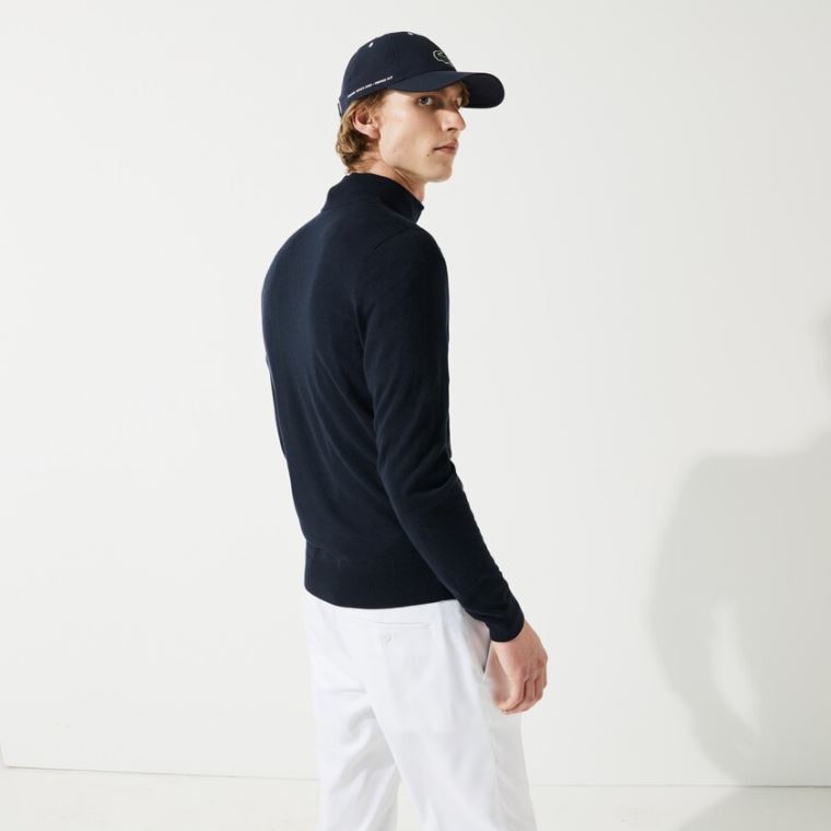 Lacoste SPORT Solid Légáteresztő Knit Zip Collar Golf Pulóver Sötétkék Kék | 20mTkuzD