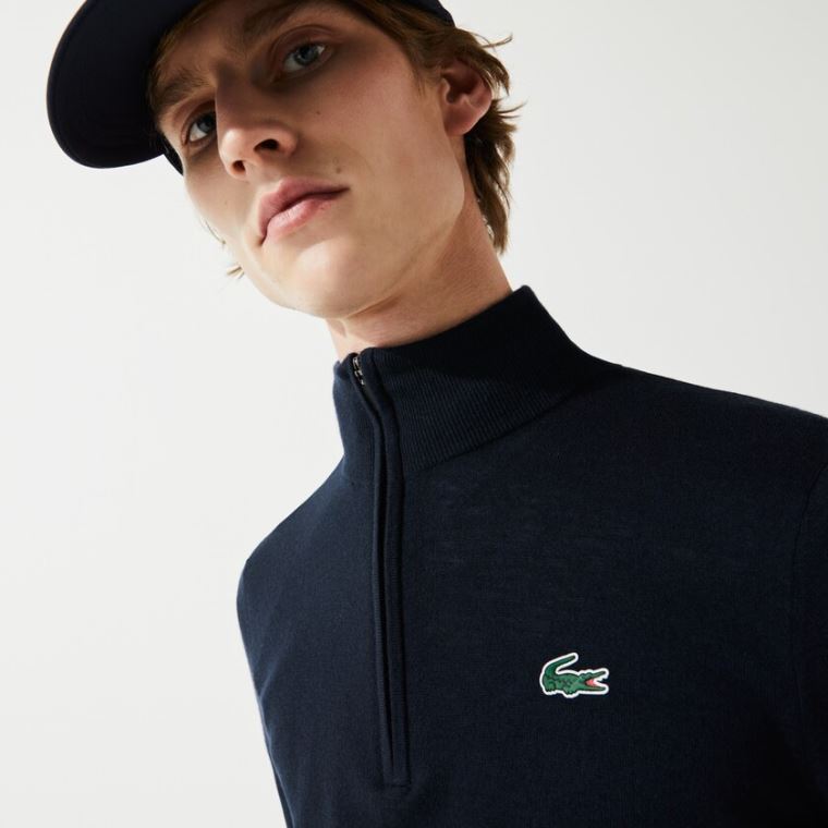 Lacoste SPORT Solid Légáteresztő Knit Zip Collar Golf Pulóver Sötétkék Kék | 20mTkuzD