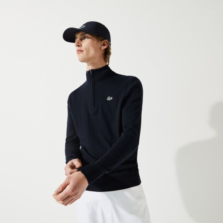 Lacoste SPORT Solid Légáteresztő Knit Zip Collar Golf Pulóver Sötétkék Kék | 20mTkuzD