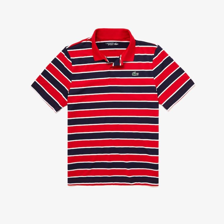 Lacoste SPORT Striped Légáteresztő Golf Polo Shirt Piros Sötétkék Kék Fehér | kKH0UQuz