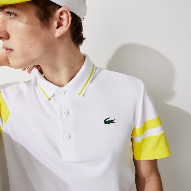 Lacoste SPORT Striped-Sleeve Légáteresztő Piqué Tenisz Polo Shirt Fehér Sárga | PIg7P5d8