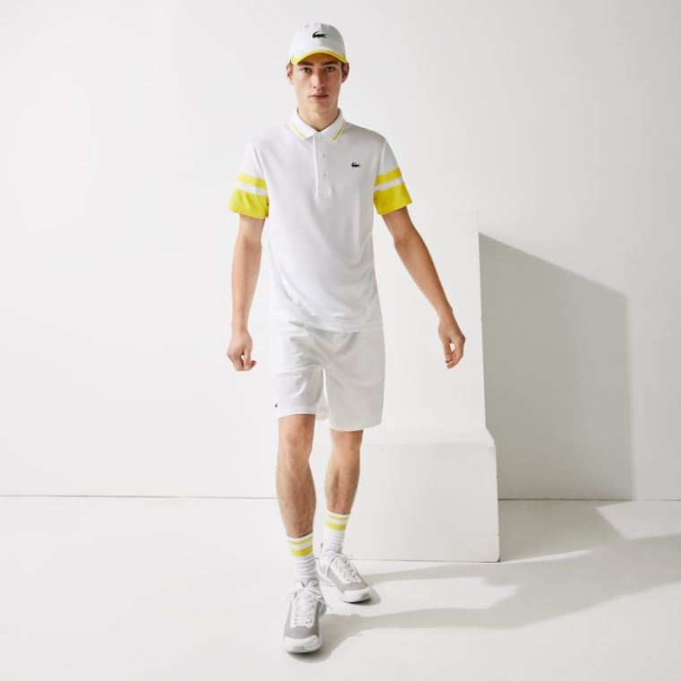 Lacoste SPORT Striped-Sleeve Légáteresztő Piqué Tenisz Polo Shirt Fehér Sárga | QEwB5Xhe