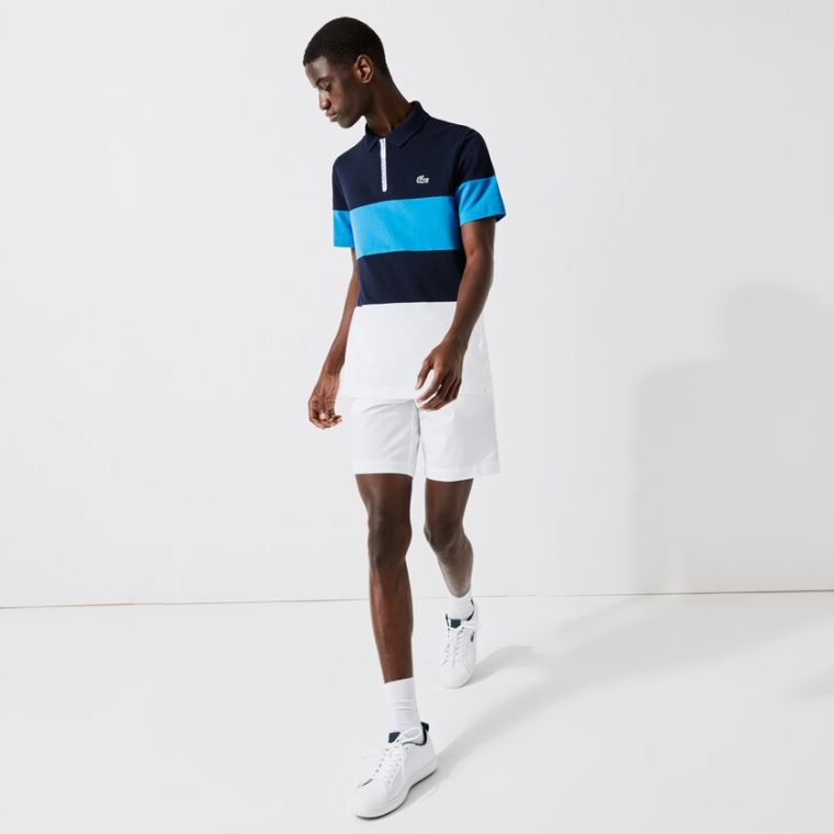 Lacoste SPORT Striped Stretch Piqué Zip-Up Golf Polo Shirt Sötétkék Kék Kék Fehér | QIVWo8dg