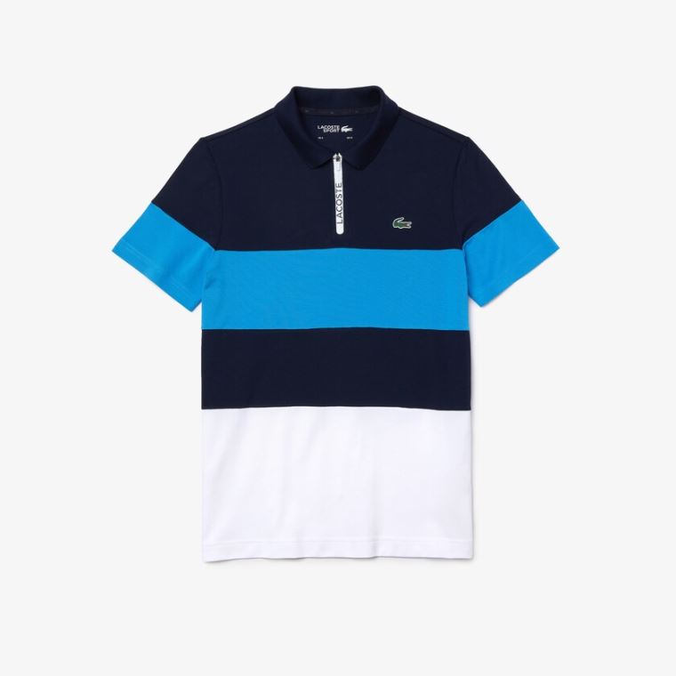 Lacoste SPORT Striped Stretch Piqué Zip-Up Golf Polo Shirt Sötétkék Kék Kék Fehér | QIVWo8dg