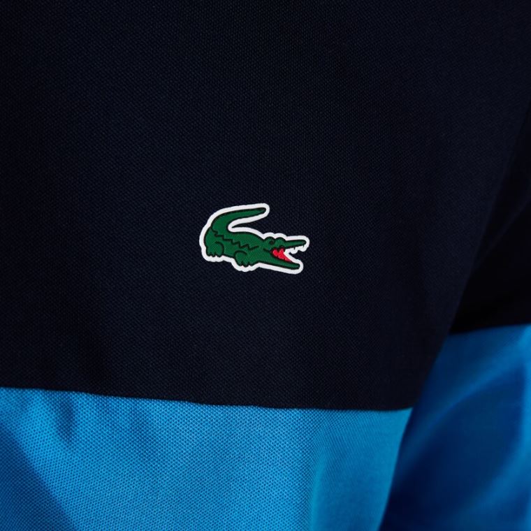 Lacoste SPORT Striped Stretch Piqué Zip-Up Golf Polo Shirt Sötétkék Kék Kék Fehér | QIVWo8dg