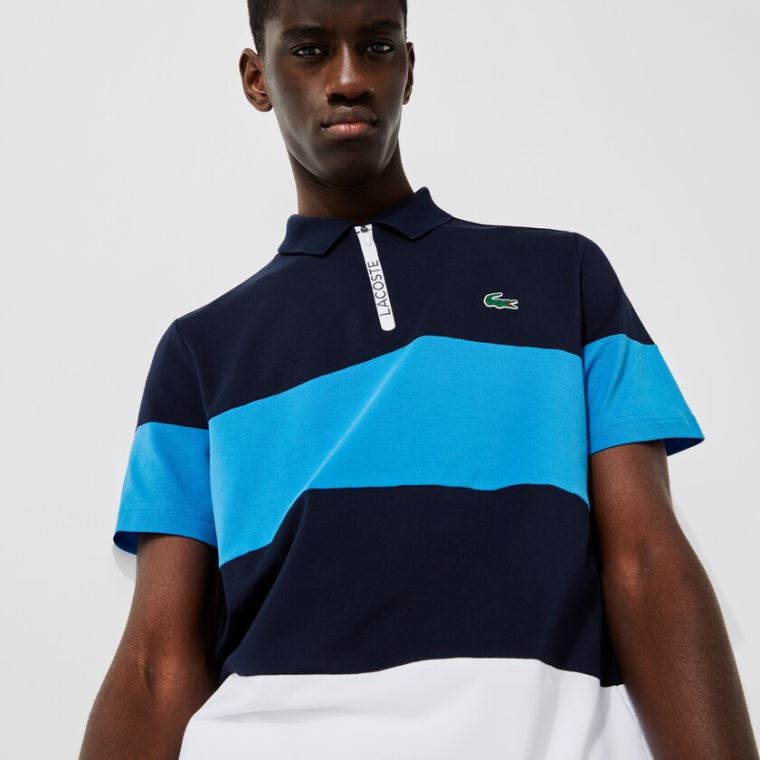 Lacoste SPORT Striped Stretch Piqué Zip-Up Golf Polo Shirt Sötétkék Kék Kék Fehér | QIVWo8dg