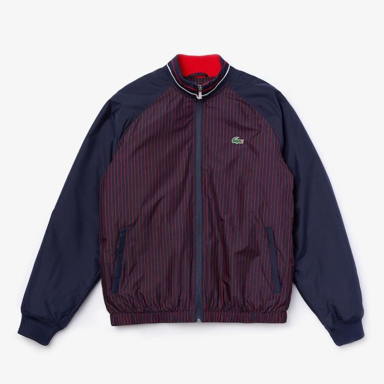 Lacoste SPORT Vizi-Resistant Striped Zip Golf Jacket Sötétkék Kék Piros Fehér | me5ZrIfK