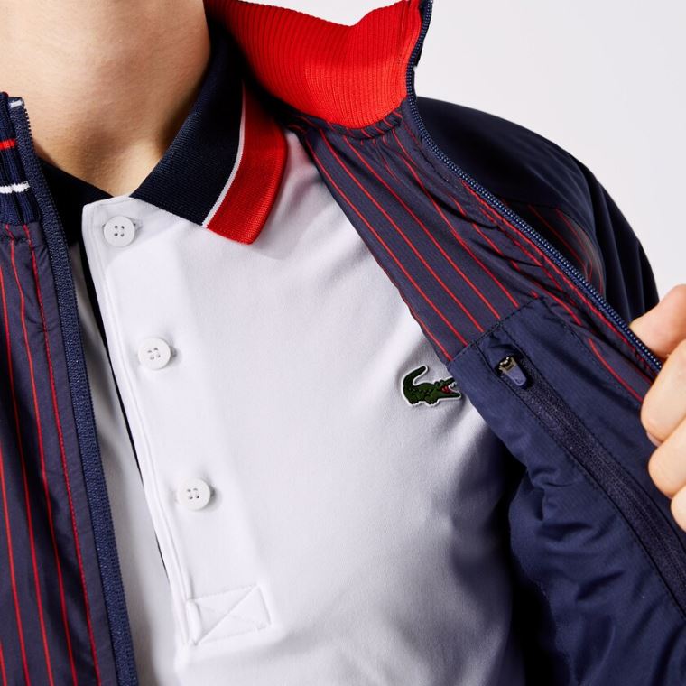 Lacoste SPORT Vizi-Resistant Striped Zip Golf Jacket Sötétkék Kék Piros Fehér | me5ZrIfK