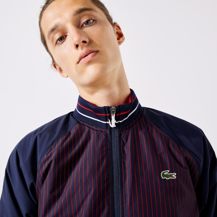 Lacoste SPORT Vizi-Resistant Striped Zip Golf Jacket Sötétkék Kék Piros Fehér | me5ZrIfK